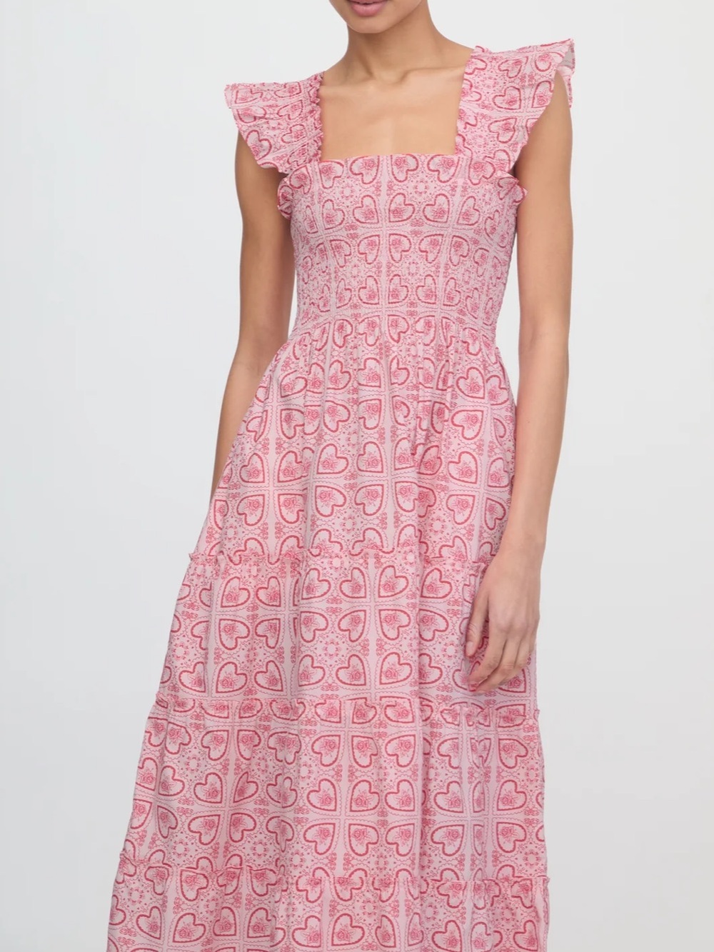 Hill House The Nap Dress Pink Heart-Print Ruffle Smocked Classic Midi Dress XL